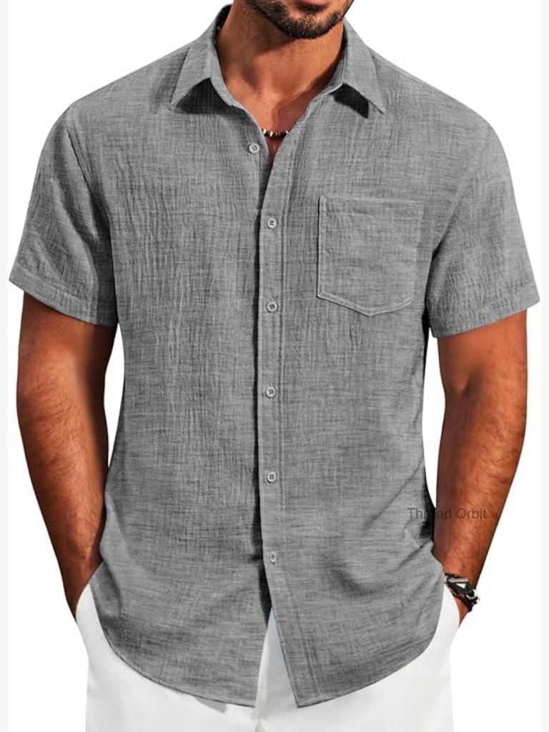 Men's Linen-Like Button Down Short Sleeve Shirt Lightweight Summer Beach With